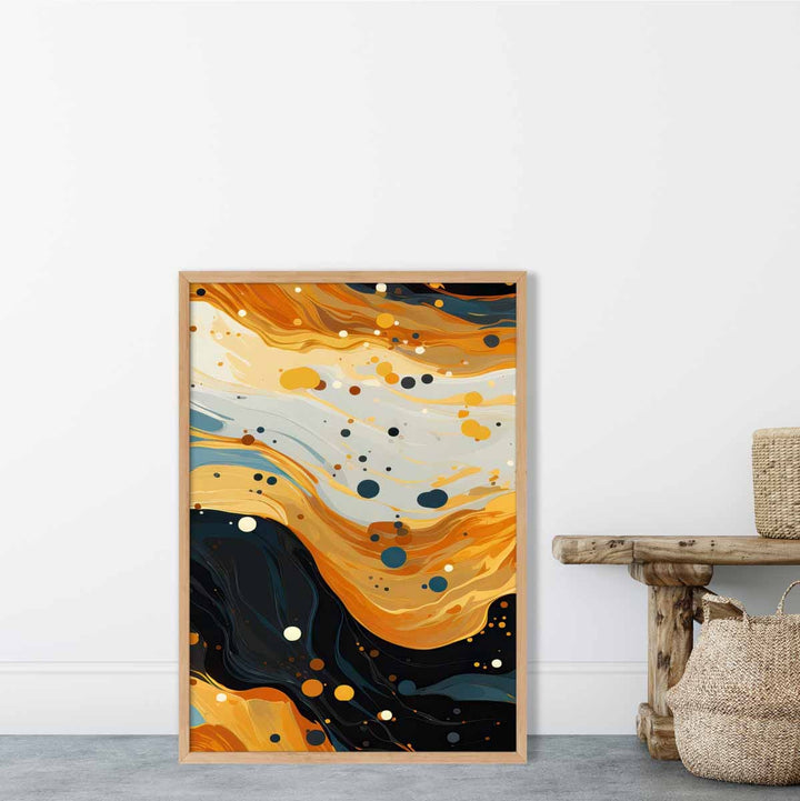 Abstrakt maleri, flytende kunsttrykk, blått, oransje og beige nr. 3