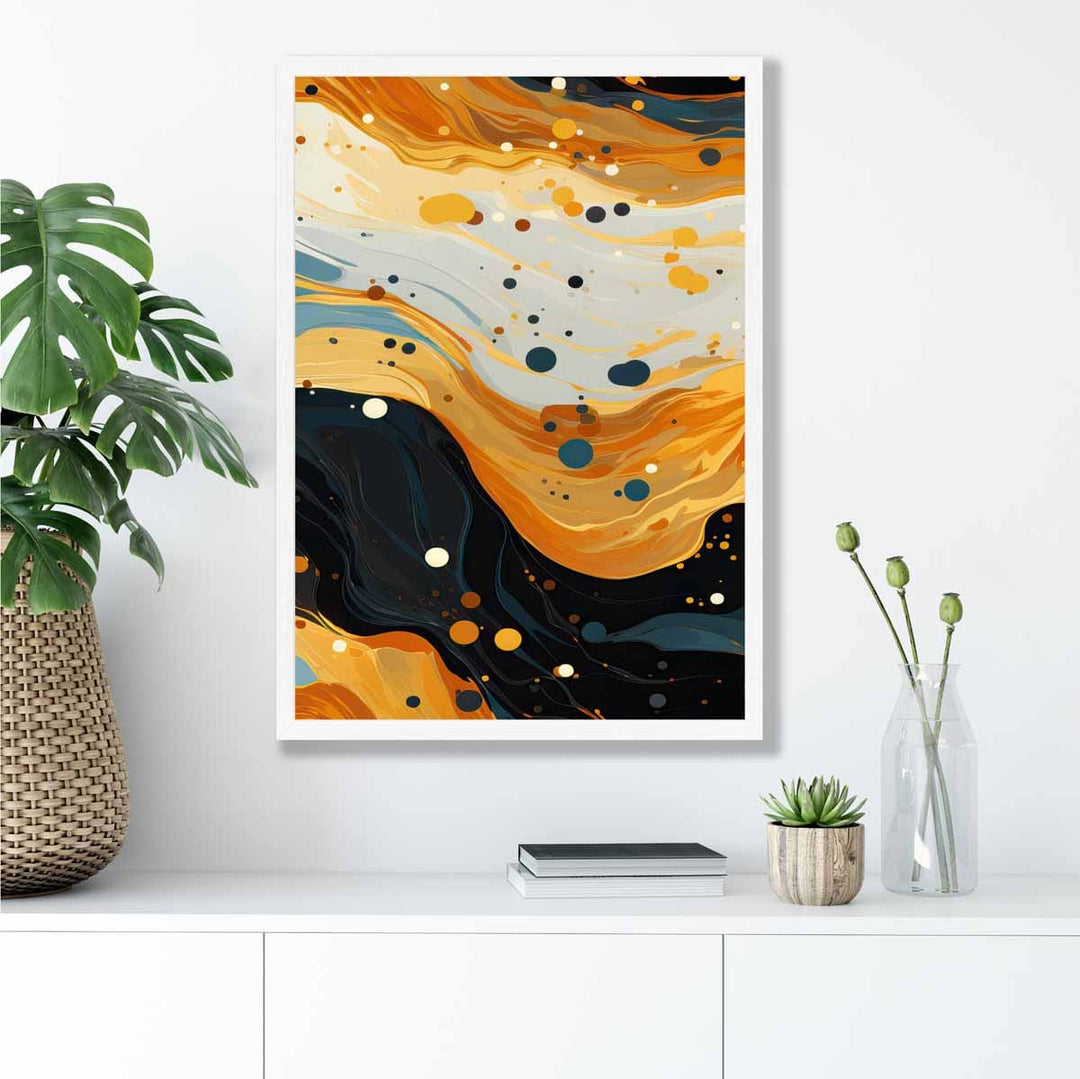 Abstrakt maleri, flytende kunsttrykk, blått, oransje og beige nr. 3