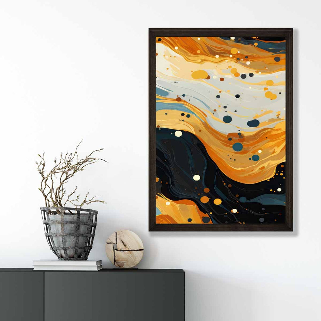 Abstrakt maleri, flytende kunsttrykk, blått, oransje og beige nr. 3