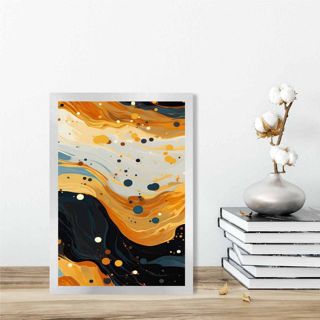 Abstrakt maleri, flytende kunsttrykk, blått, oransje og beige nr. 3