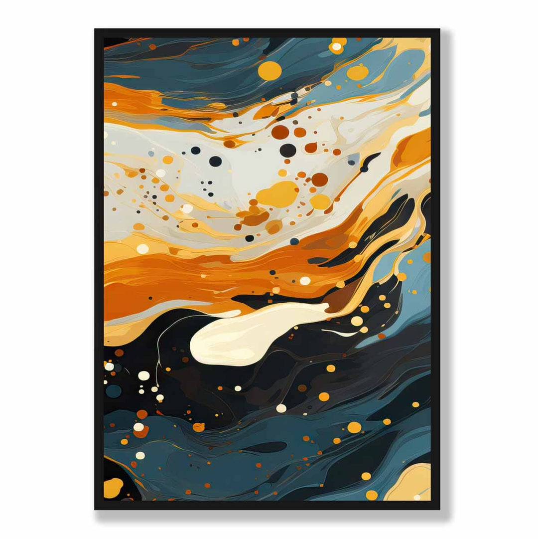 Abstrakt maleri, flytende kunsttrykk, blått, oransje og beige nr. 4