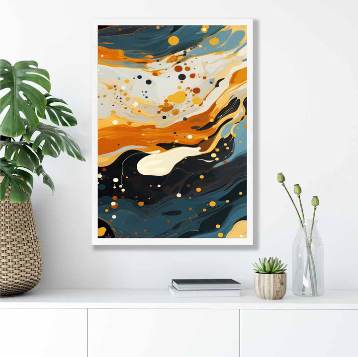 Abstrakt maleri, flytende kunsttrykk, blått, oransje og beige nr. 4