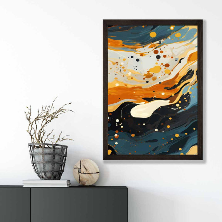 Abstrakt maleri, flytende kunsttrykk, blått, oransje og beige nr. 4