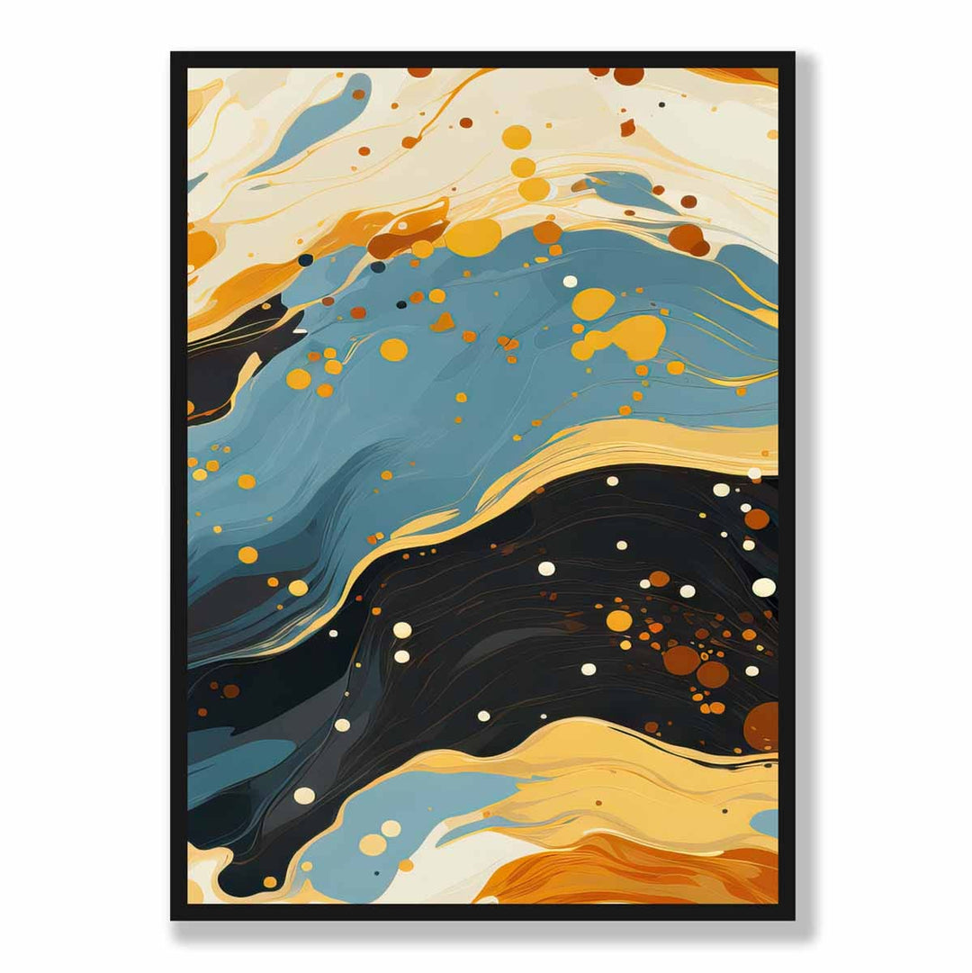 Abstrakt maleri, flytende kunsttrykk, blått, oransje og beige nr. 5