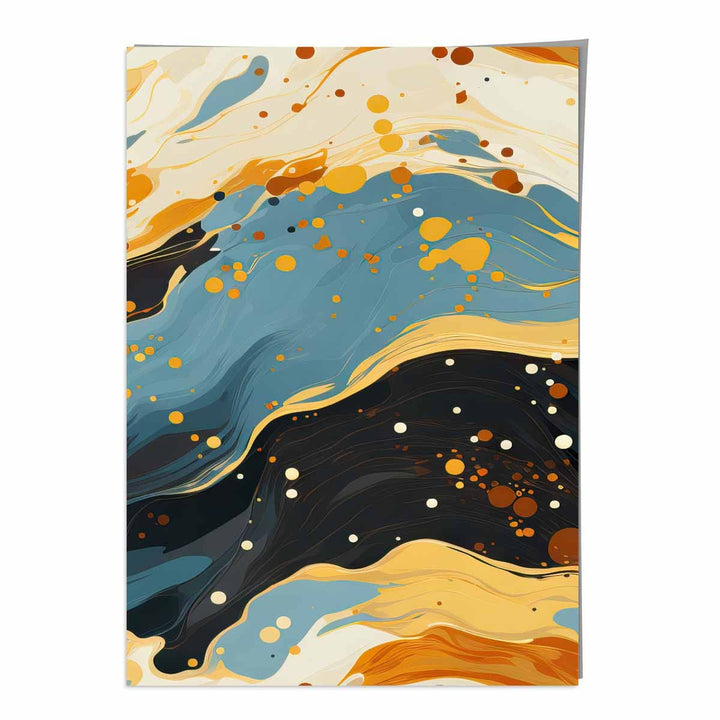 Abstrakt maleri, flytende kunsttrykk, blått, oransje og beige nr. 5