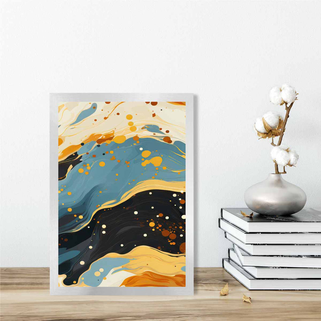 Abstrakt maleri, flytende kunsttrykk, blått, oransje og beige nr. 5