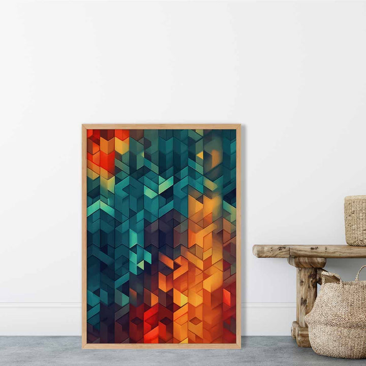 Abstrakt kunsttrykk av geometriske former, blå, oransje og rød nr. 1