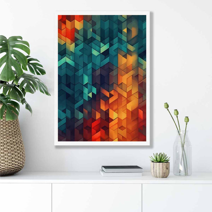 Abstrakt kunsttrykk av geometriske former, blå, oransje og rød nr. 1
