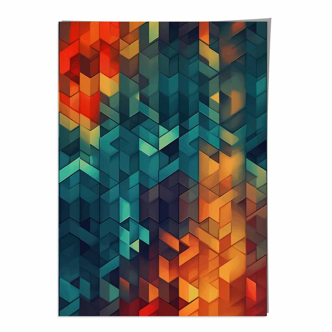 Abstrakt kunsttrykk med geometriske former, blått, oransje og rødt nr. 2