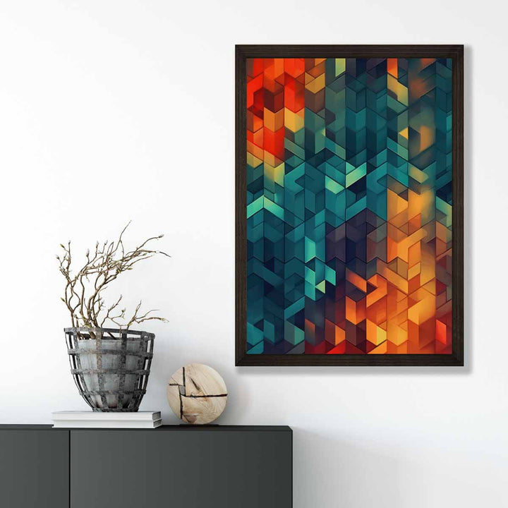 Abstrakt kunsttrykk med geometriske former, blått, oransje og rødt nr. 2