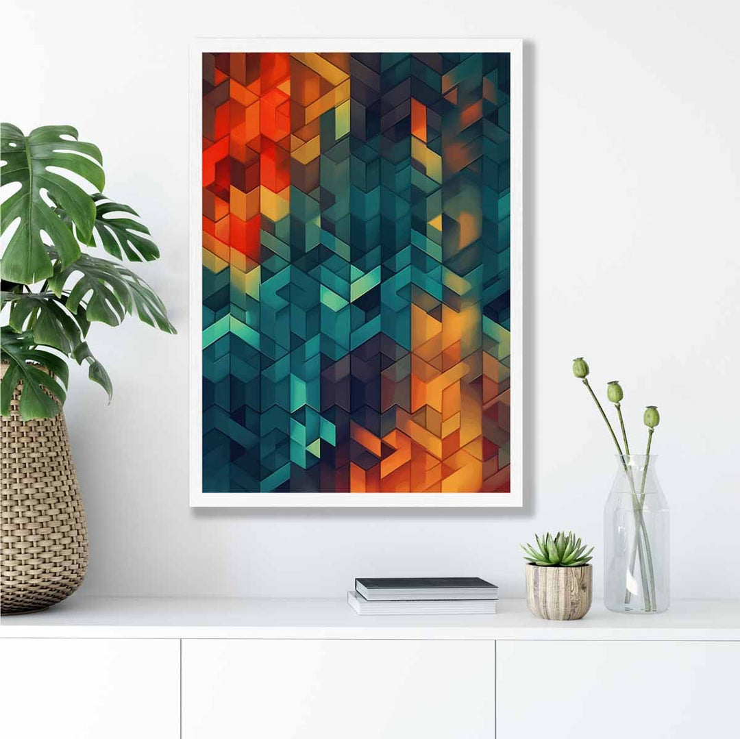 Abstrakt kunsttrykk med geometriske former, blå, oransje og rød, nr. 3