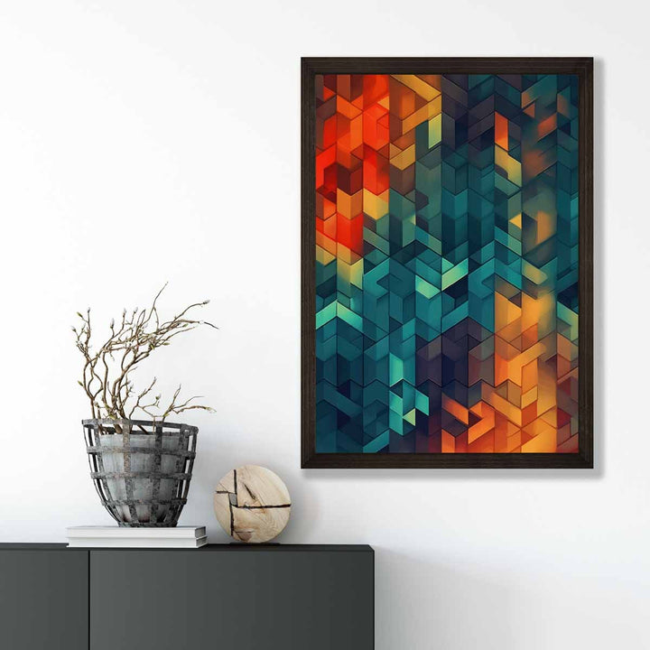 Abstrakt kunsttrykk med geometriske former, blå, oransje og rød, nr. 3