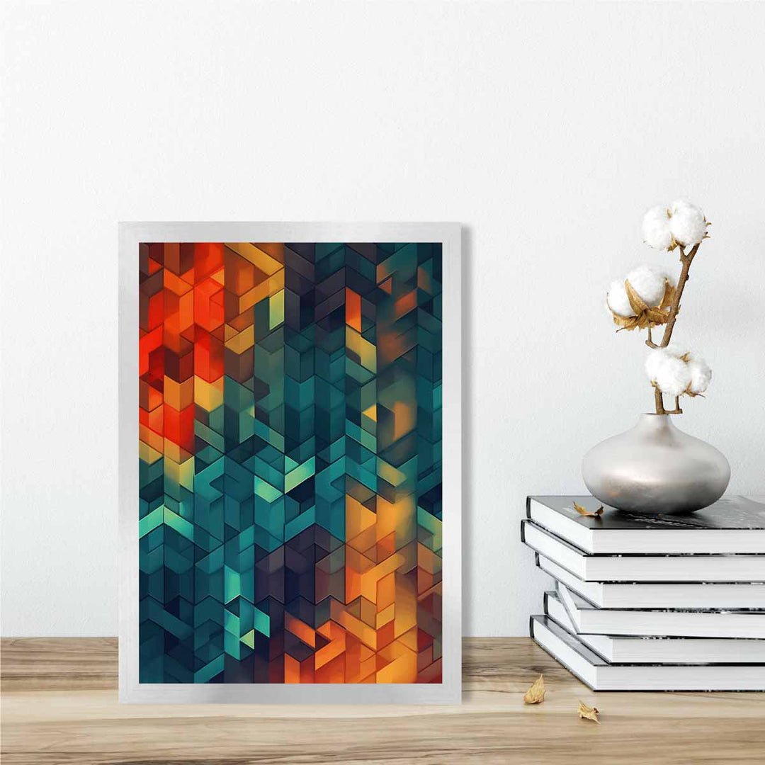 Abstrakt kunsttrykk med geometriske former, blå, oransje og rød, nr. 3