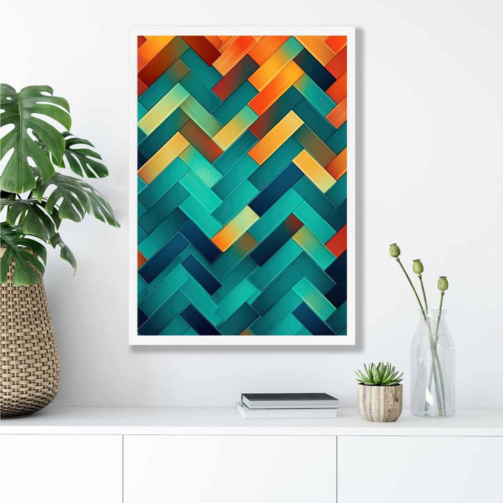 Abstrakt kunsttrykk med geometriske former i turkis, blått, oransje og rødt nr. 1