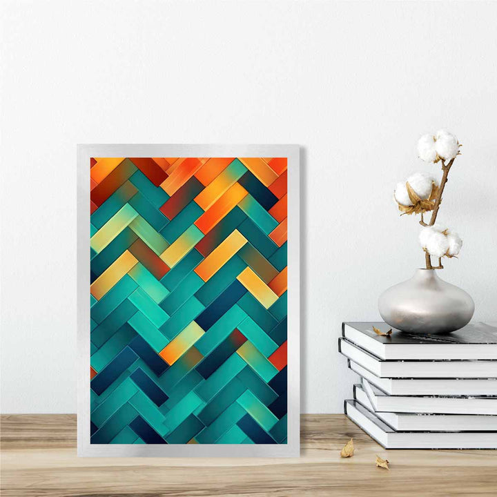 Abstrakt kunsttrykk med geometriske former i turkis, blått, oransje og rødt nr. 1