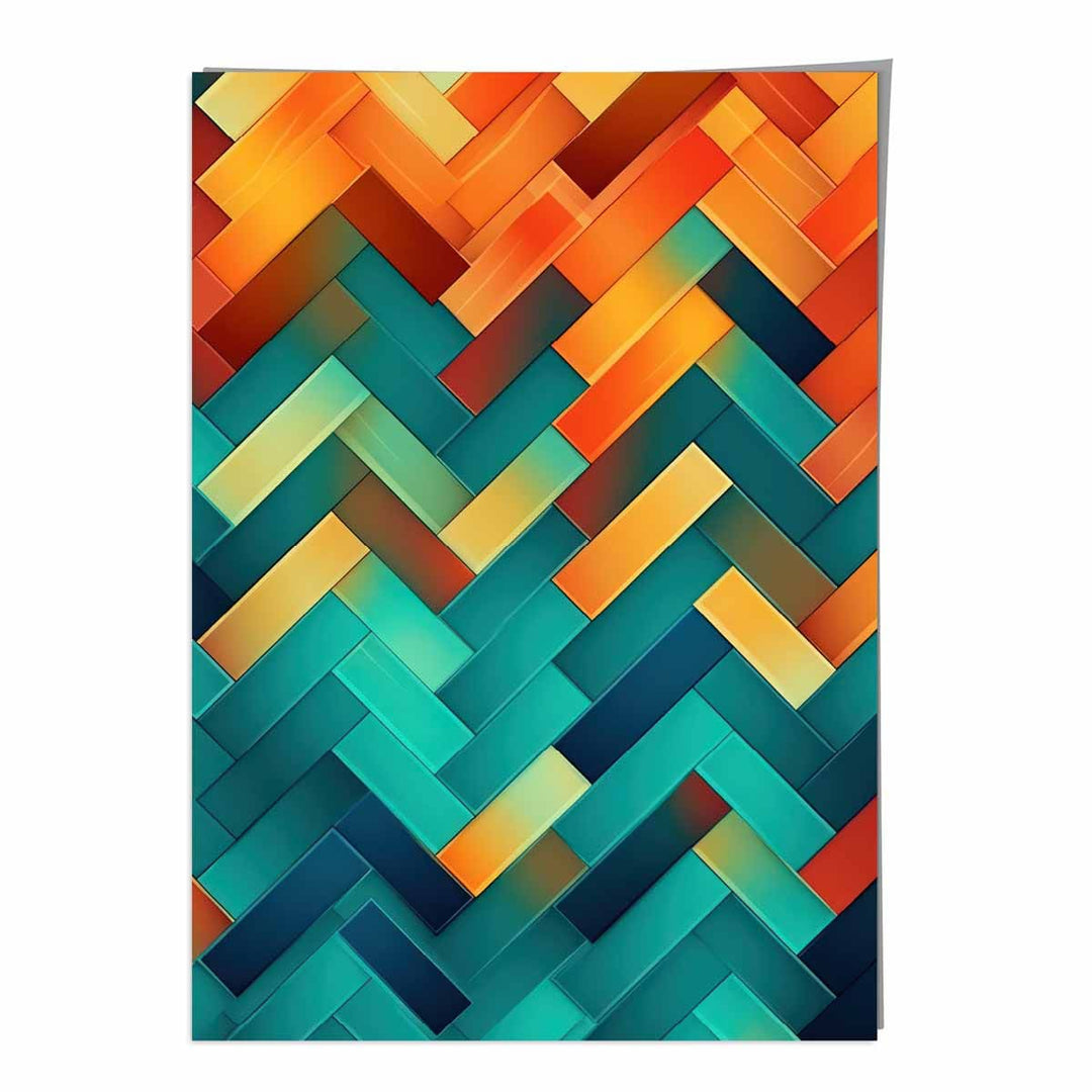 Abstrakt kunsttrykk med geometriske former i turkis, blått, oransje og rødt nr. 2