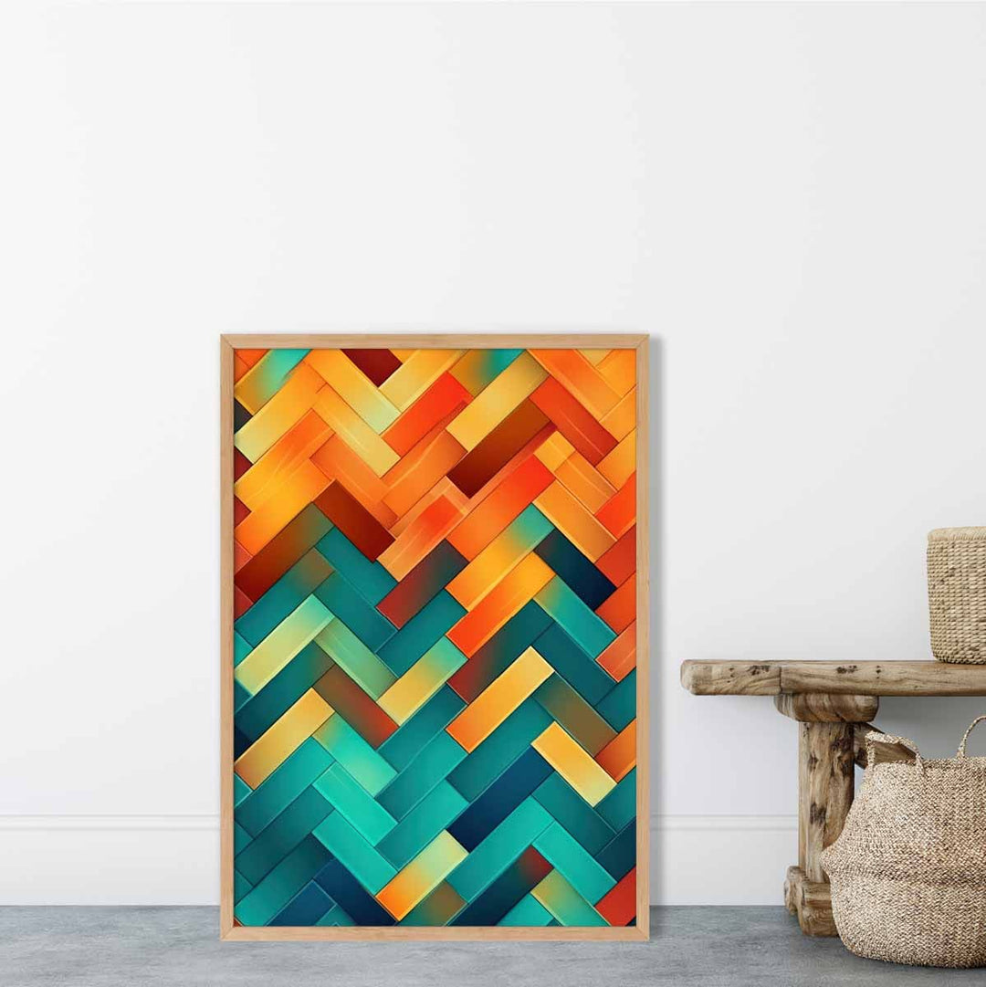 Abstrakt kunsttrykk med geometriske former i turkis, blått, oransje og rødt, nr. 3