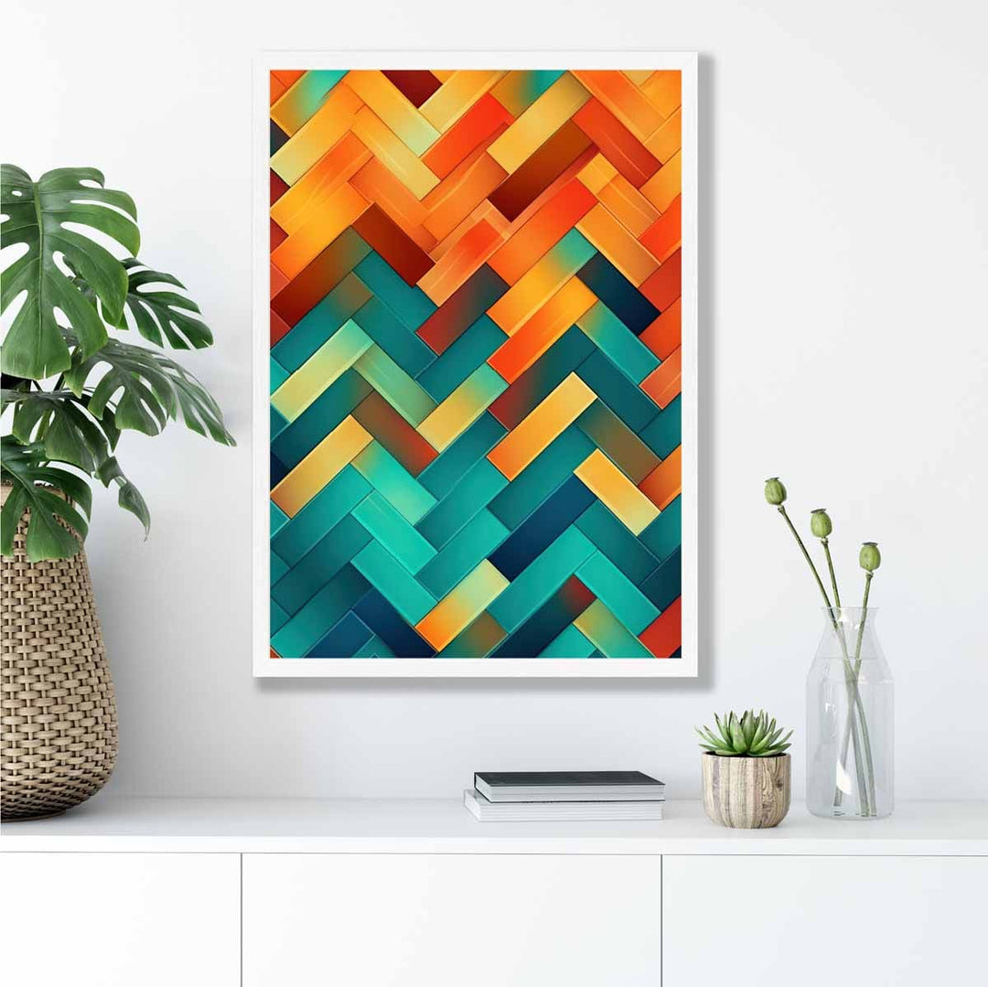 Abstrakt kunsttrykk med geometriske former i turkis, blått, oransje og rødt, nr. 3