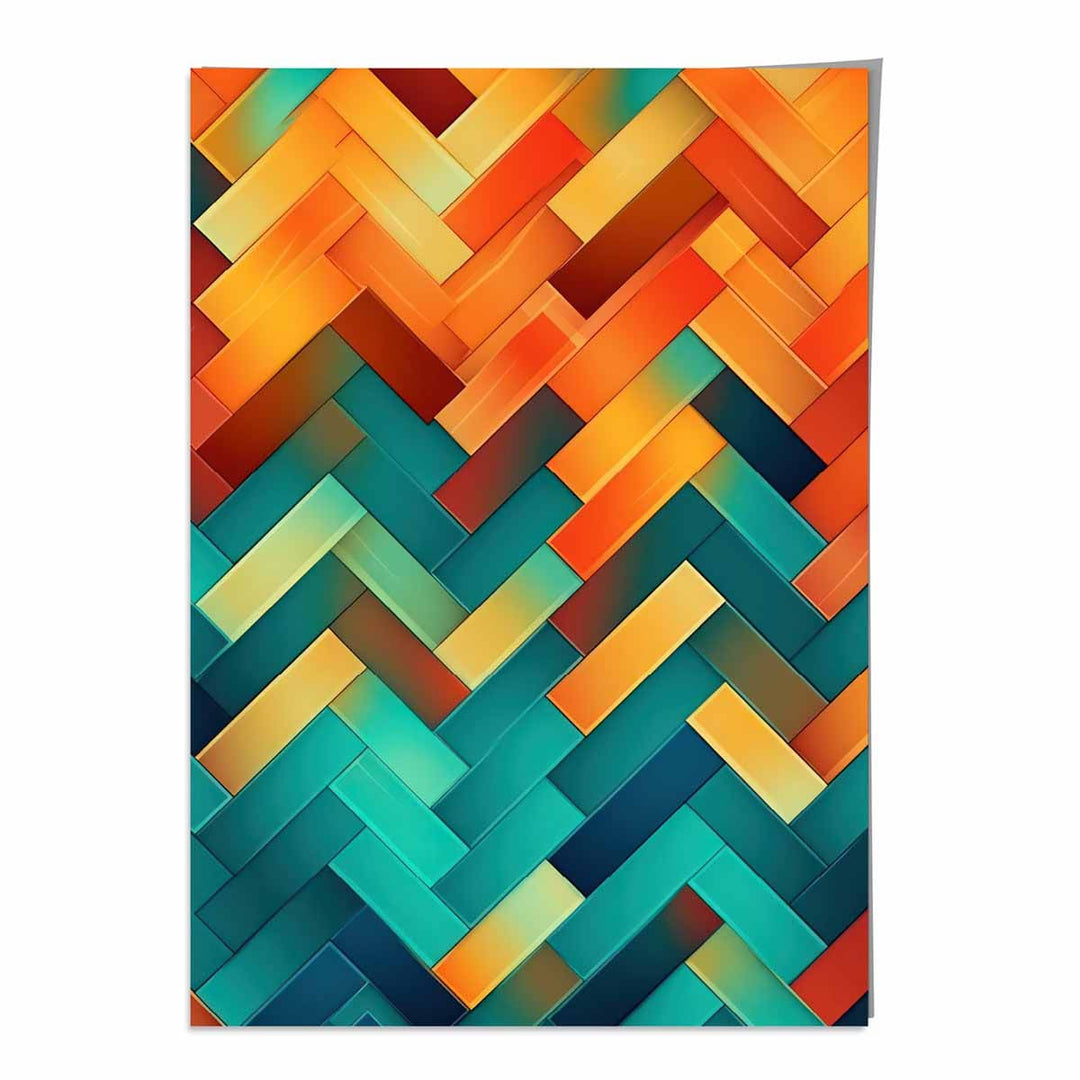 Abstrakt kunsttrykk med geometriske former i turkis, blått, oransje og rødt, nr. 3