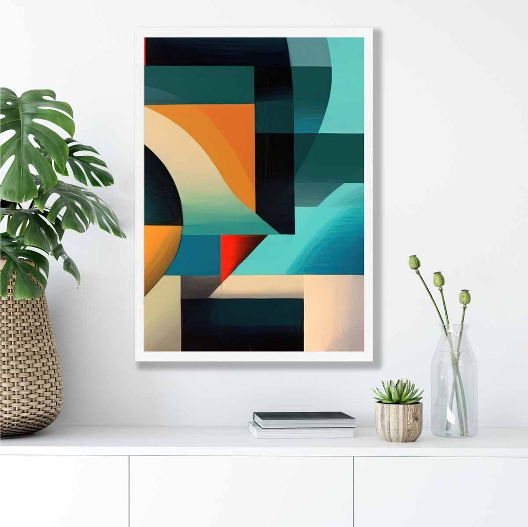 Abstrakt kunsttrykk med fargerike former, blå, rød, oransje, nr. 4