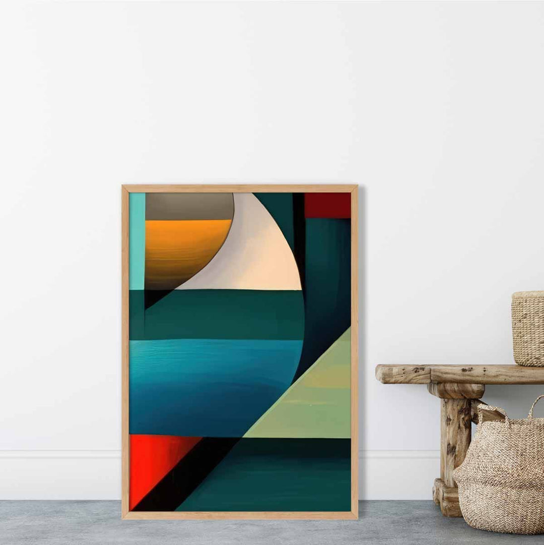 Abstrakt kunsttrykk med fargerike former, blå, rød, oransje, nr. 5