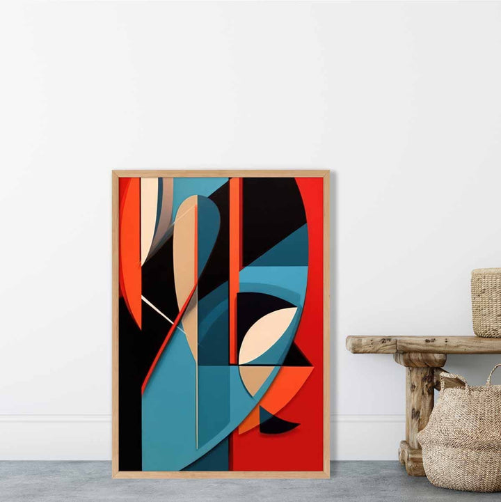 Abstrakt kunsttrykk med fargerike former, blå, rød, beige nr. 1