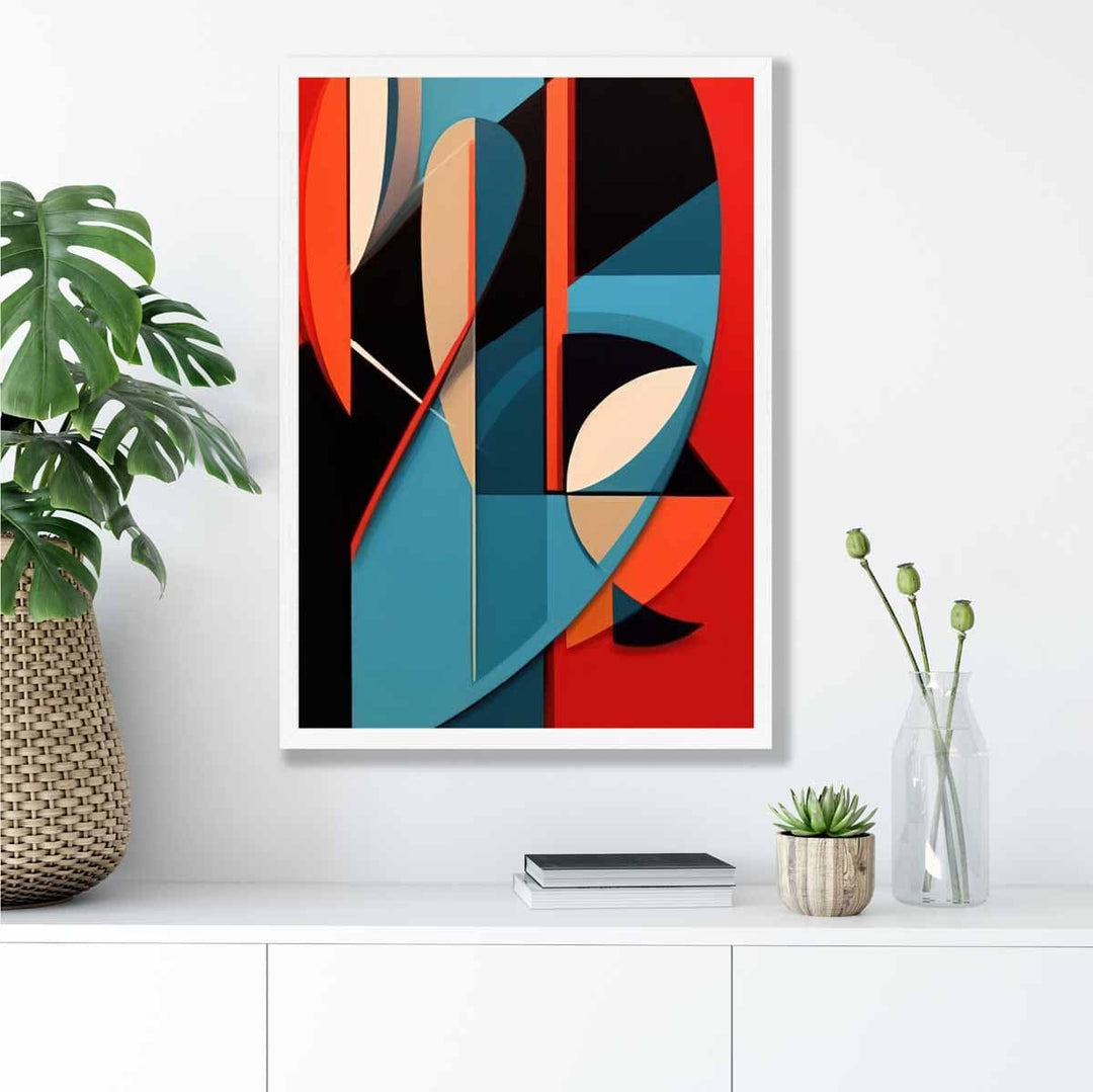 Abstrakt kunsttrykk med fargerike former, blå, rød, beige nr. 1