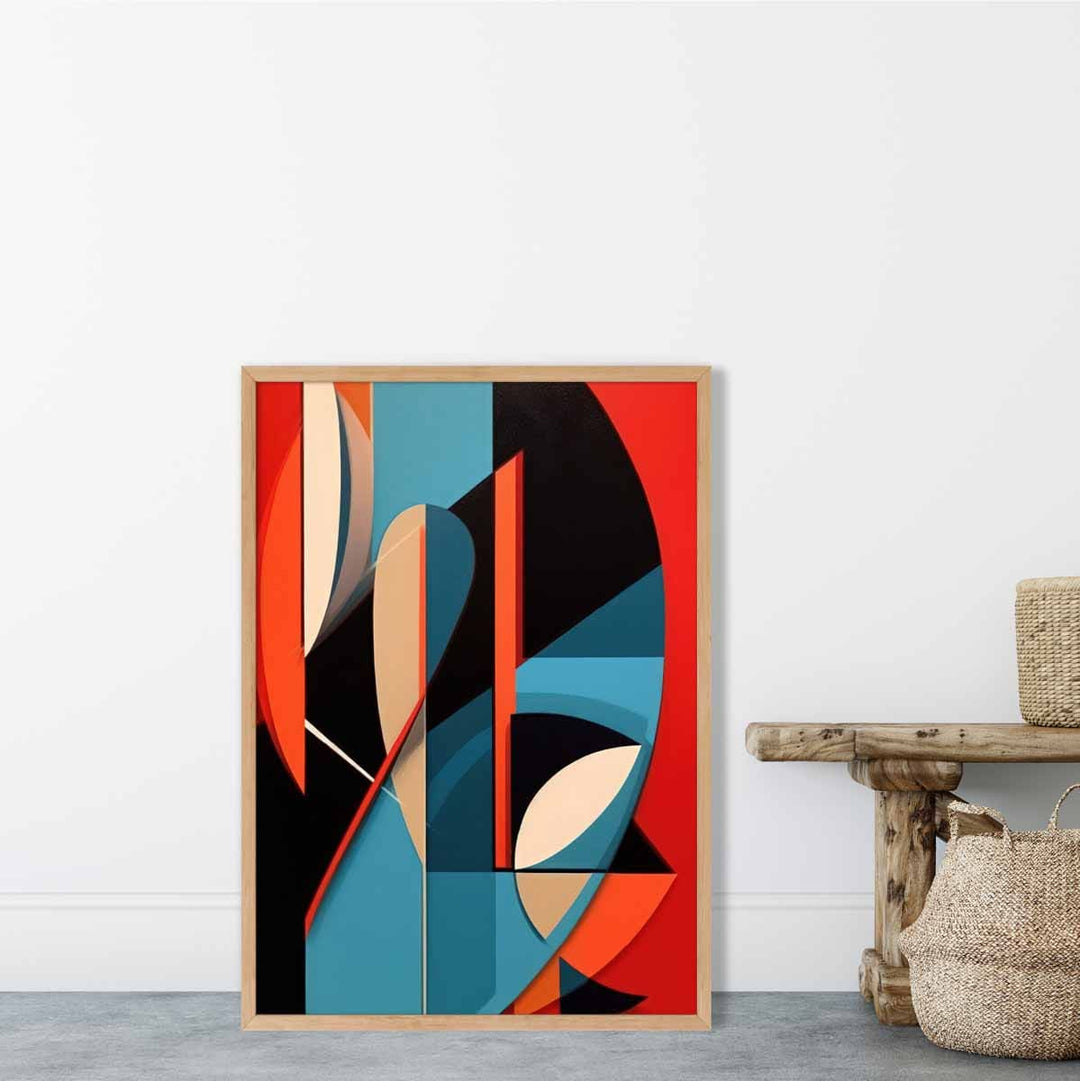 Abstrakt kunsttrykk med fargede former, blå, rød, beige, nr. 2