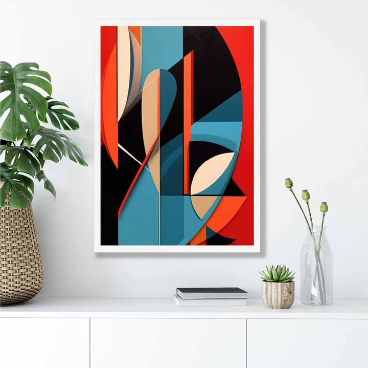 Abstrakt kunsttrykk med fargede former, blå, rød, beige, nr. 2