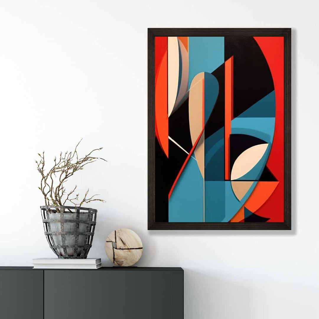 Abstrakt kunsttrykk med fargede former, blå, rød, beige, nr. 2