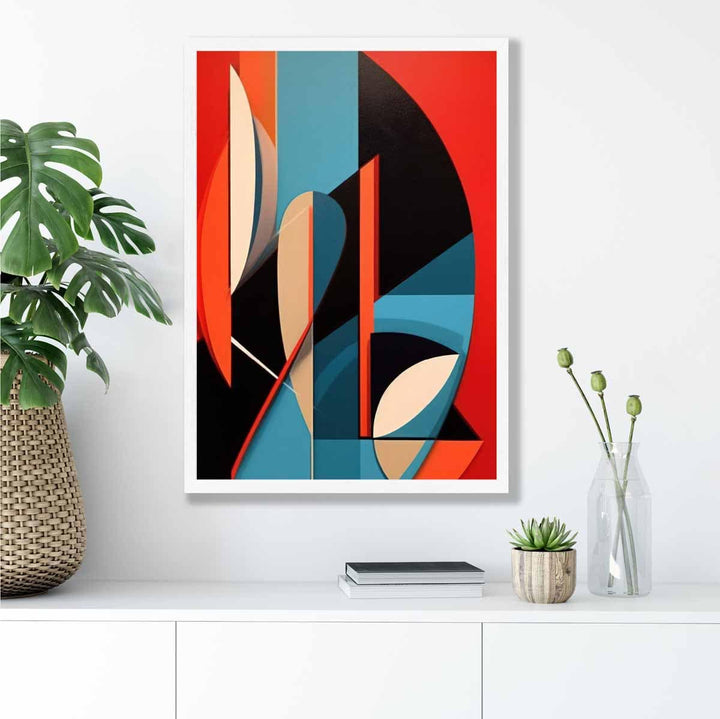 Abstrakt kunsttrykk med fargerike former, blå, rød, beige, nr. 3