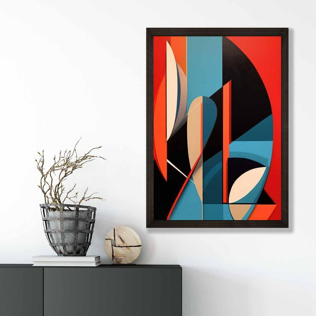 Abstrakt kunsttrykk med fargerike former, blå, rød, beige, nr. 3