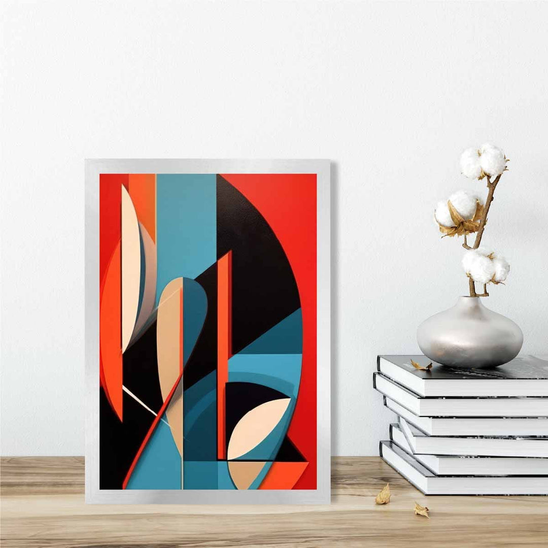 Abstrakt kunsttrykk med fargerike former, blå, rød, beige, nr. 3