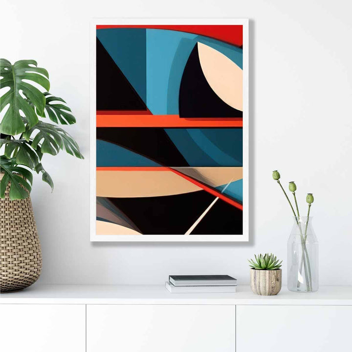 Abstrakt kunsttrykk med fargerike former, blå, rød, beige, nr. 5