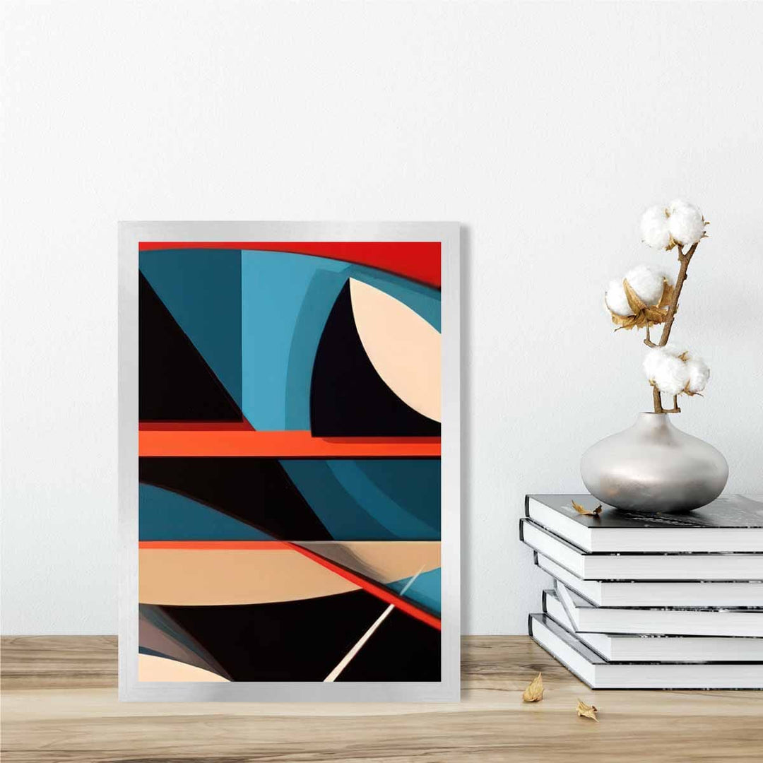 Abstrakt kunsttrykk med fargerike former, blå, rød, beige, nr. 5