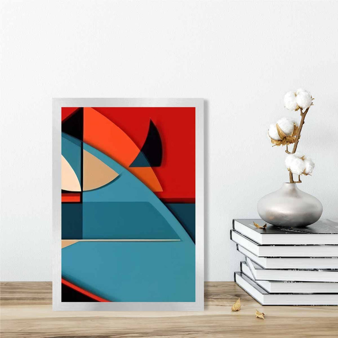 Abstrakt kunsttrykk med fargerike former, blå, rød, beige, nr. 6