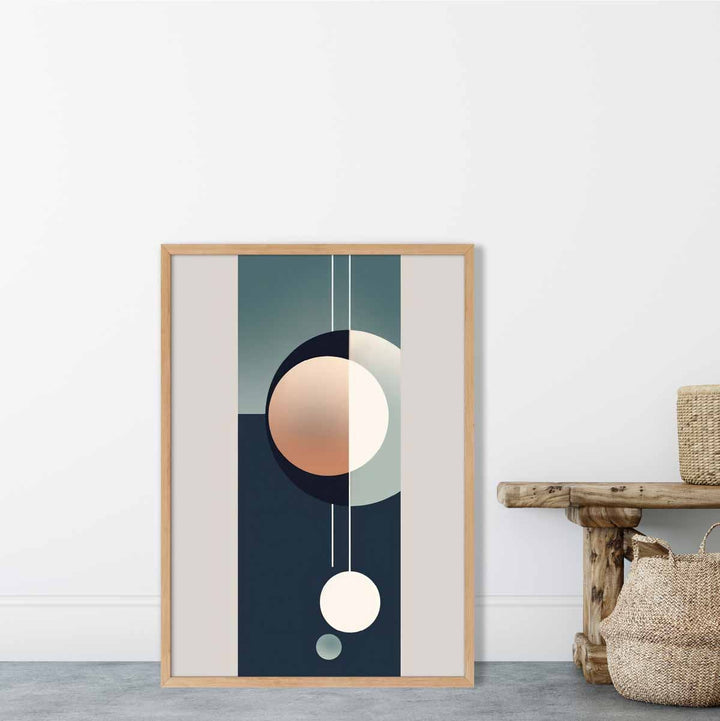 Kunsttrykk med abstrakte former i marineblått beige og grått nr. 1