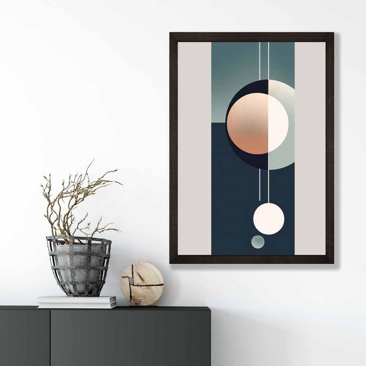Kunsttrykk med abstrakte former i marineblått beige og grått nr. 1