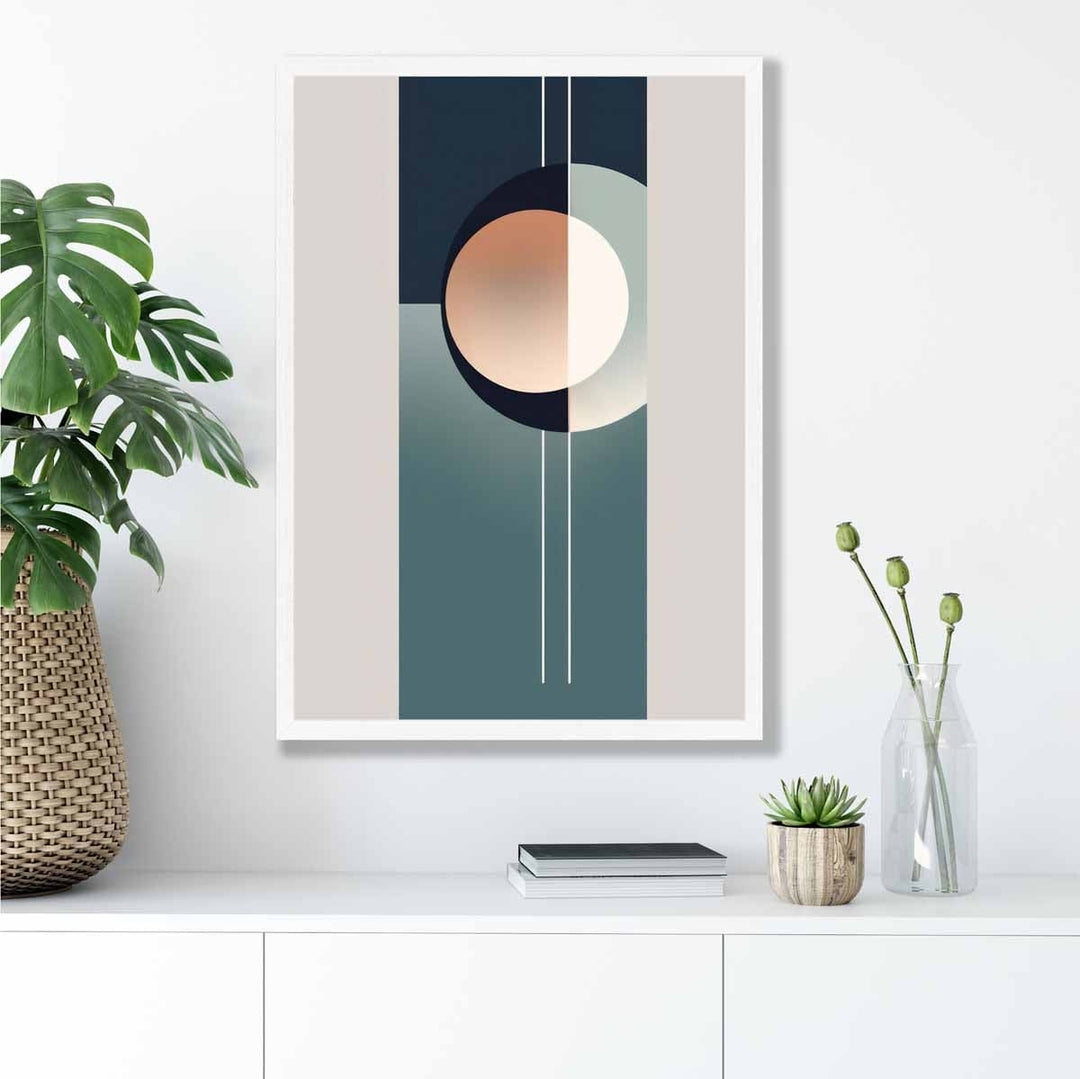 Kunsttrykk med abstrakte former i marineblått, beige og grått nr. 2