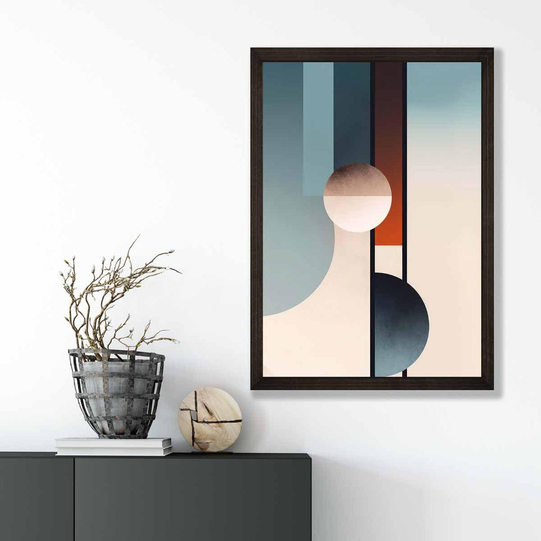 Abstrakte former kunsttrykk marineblå, oransje og beige nr. 2