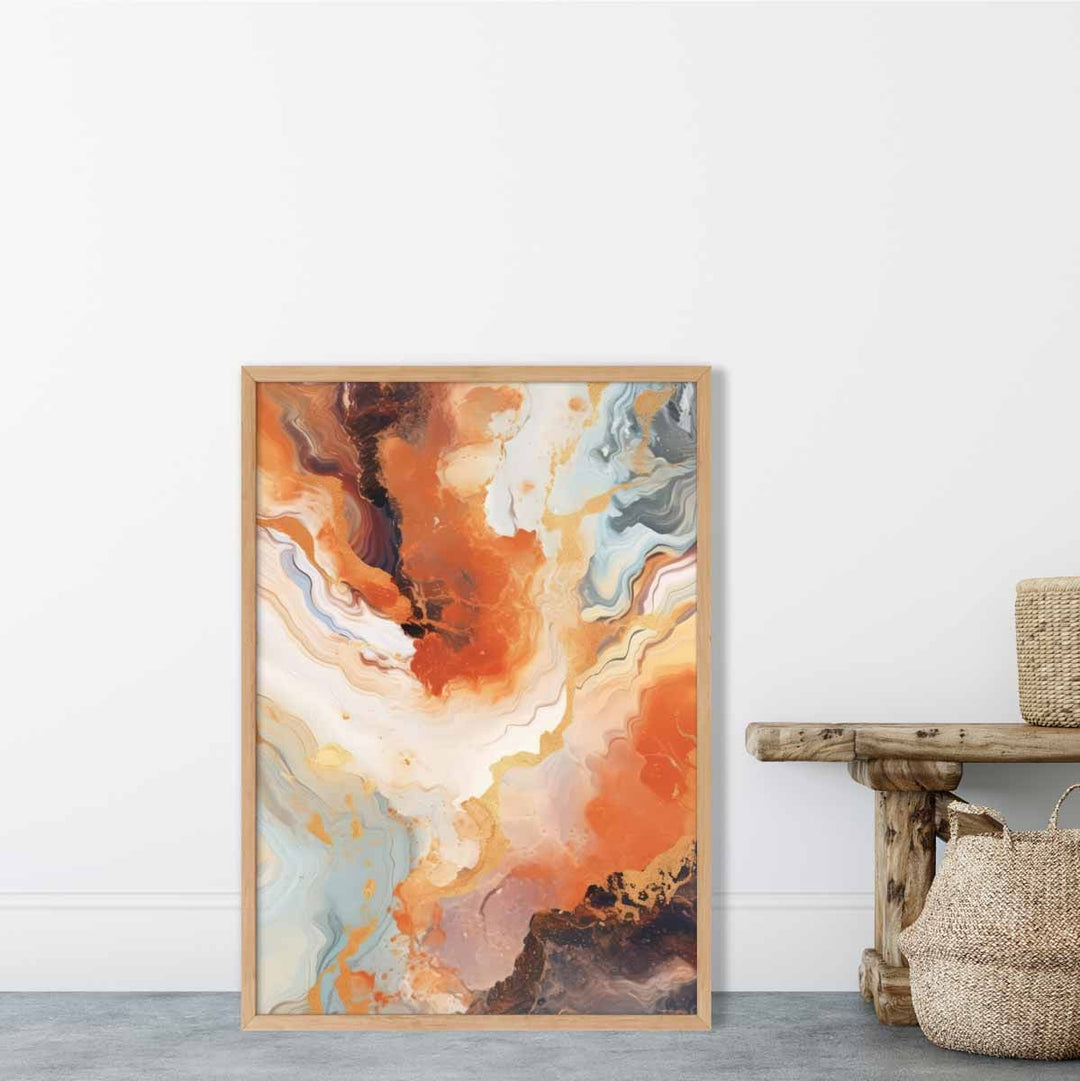Abstrakt maleri, flytende kunsttrykk, oransje, grått og gull nr. 1