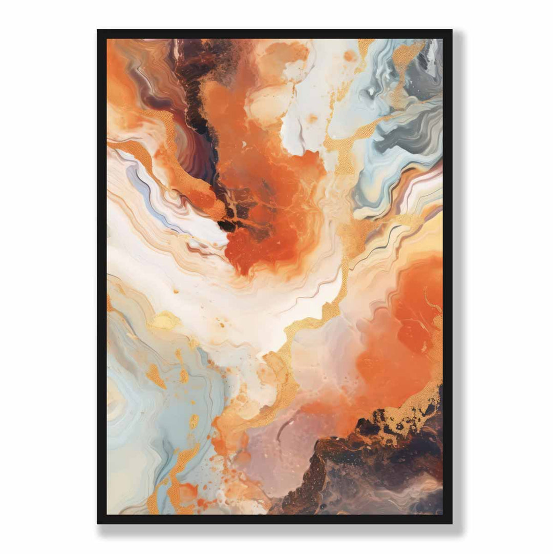 Abstrakt maleri, flytende kunsttrykk, oransje, grått og gull nr. 1
