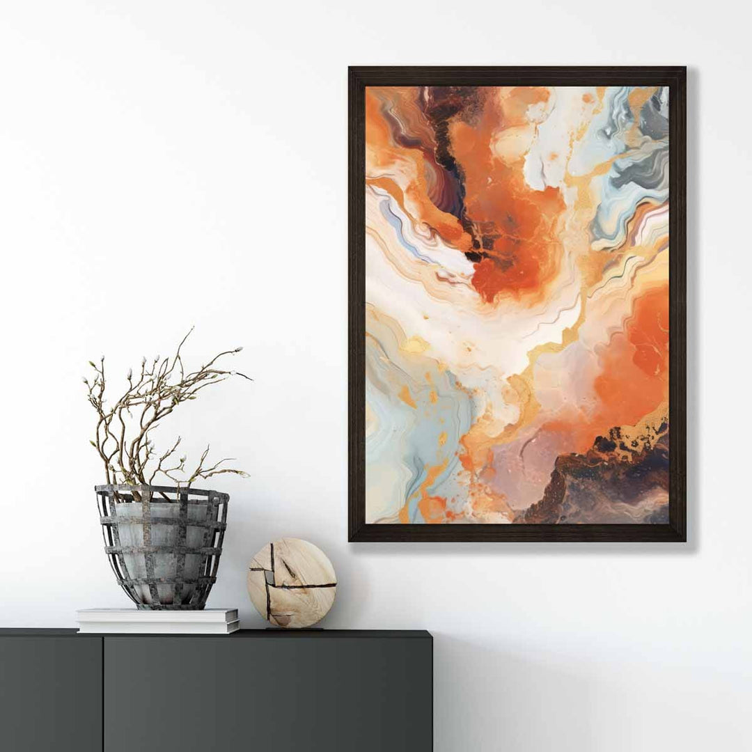 Abstrakt maleri, flytende kunsttrykk, oransje, grått og gull nr. 1