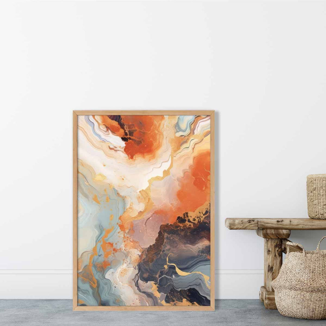 Abstrakt maleri, flytende kunsttrykk, oransje, grått og gull nr. 2