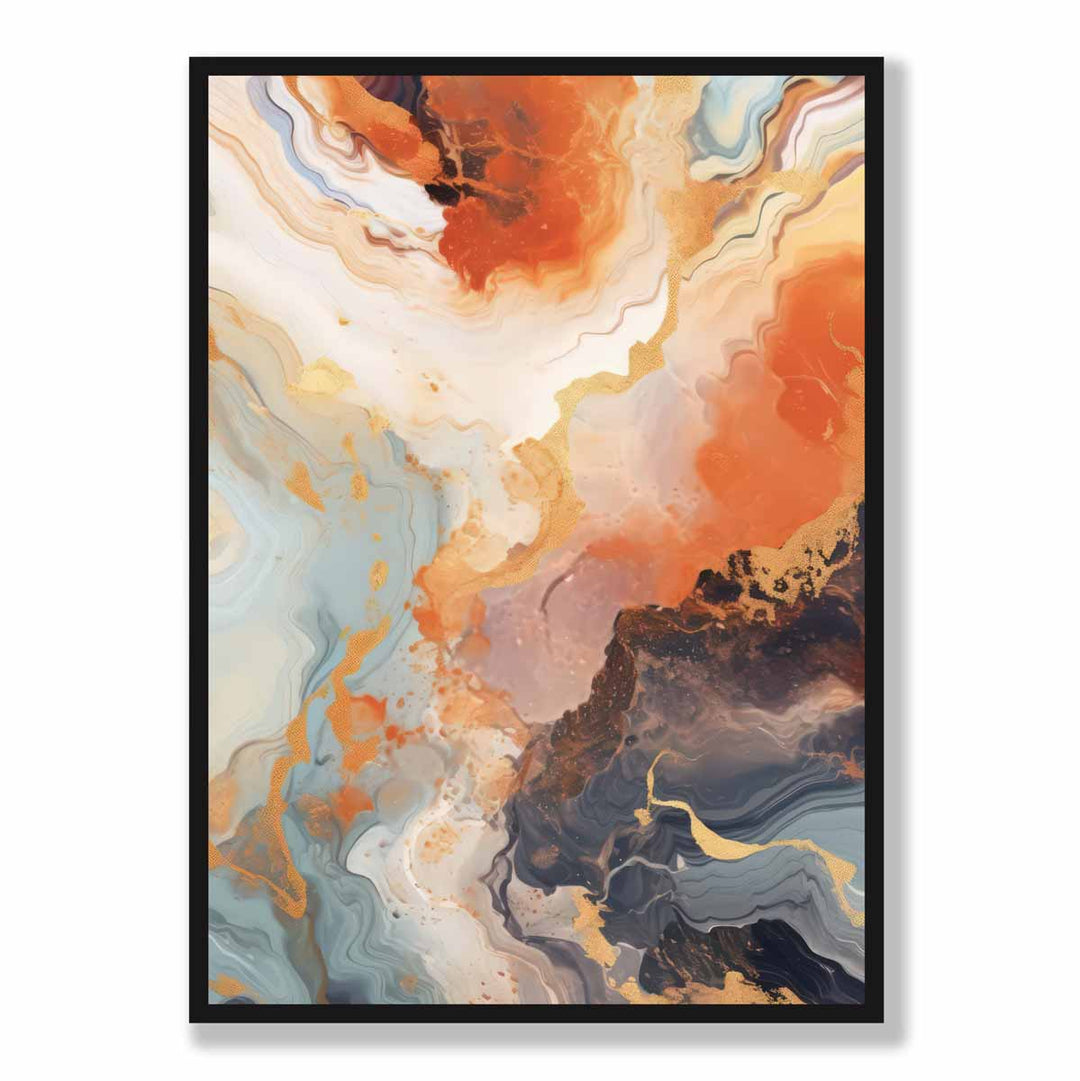 Abstrakt maleri, flytende kunsttrykk, oransje, grått og gull nr. 3