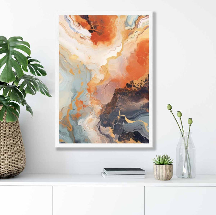 Abstrakt maleri, flytende kunsttrykk, oransje, grått og gull nr. 3
