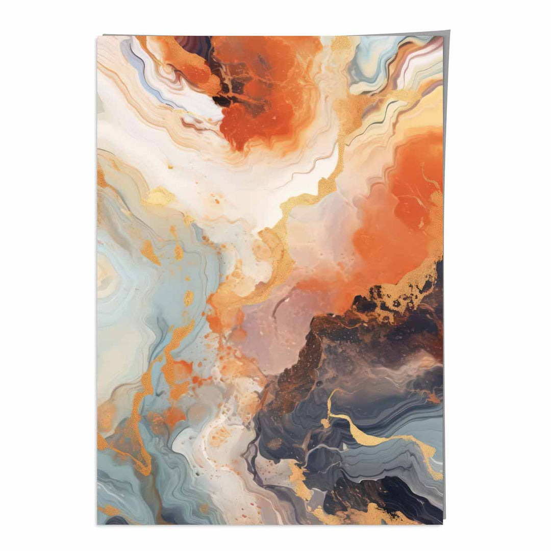 Abstrakt maleri, flytende kunsttrykk, oransje, grått og gull nr. 3