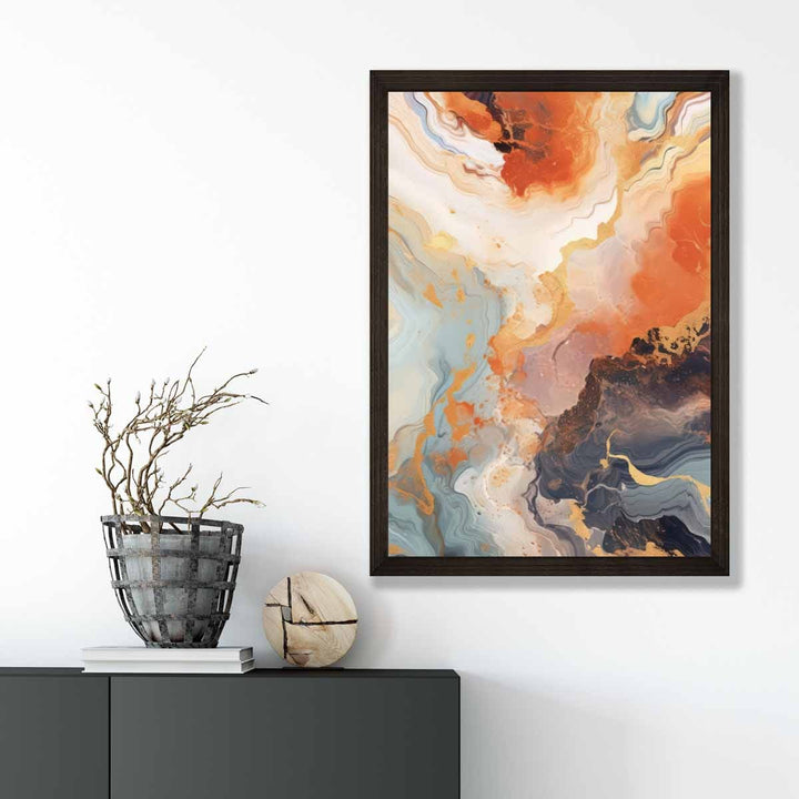 Abstrakt maleri, flytende kunsttrykk, oransje, grått og gull nr. 3