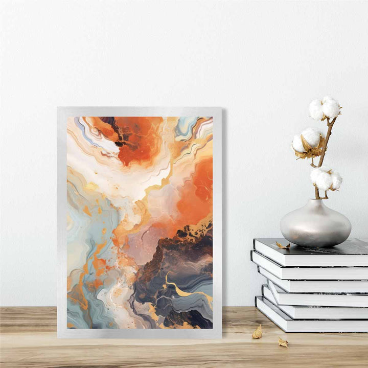 Abstrakt maleri, flytende kunsttrykk, oransje, grått og gull nr. 2