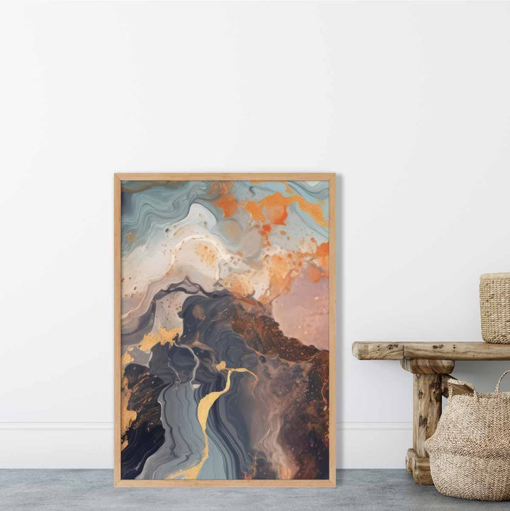 Abstrakt maleri, flytende kunsttrykk, oransje, grått og gull nr. 4